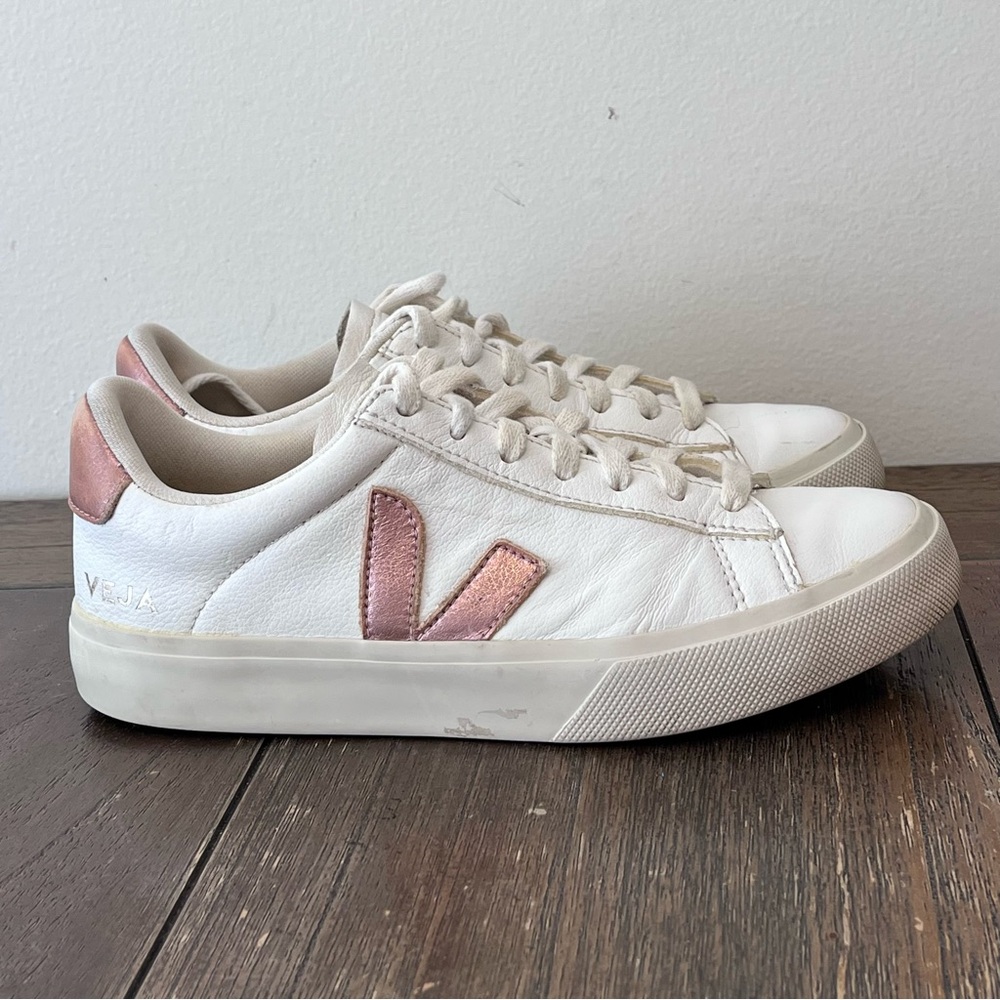 Veja White Sneakers with Rose Gold Metallic V Logo